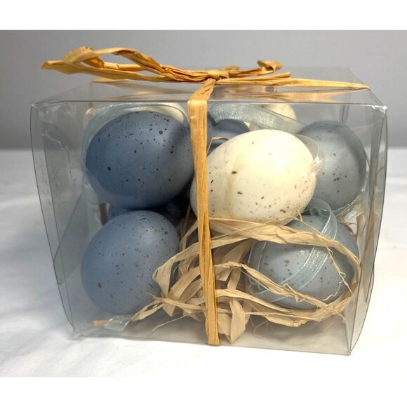 Decorative Speckled Blue & White Faux Eggs In Clear Gift Box With Raffia Ribbon - Picture 1 of 4